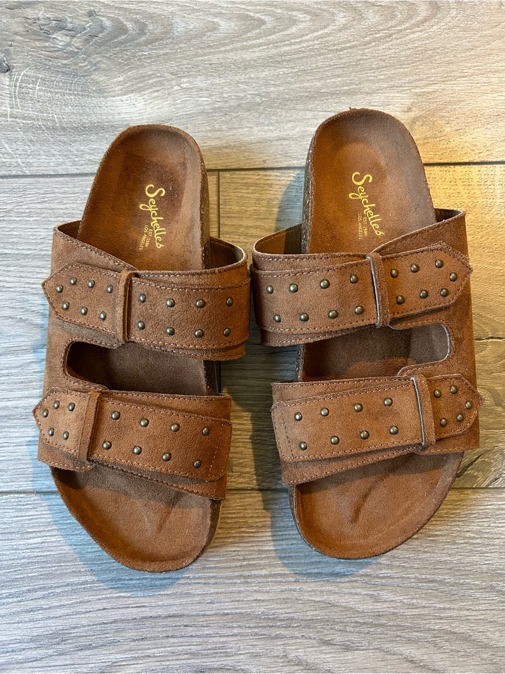 Seychelles Randy Brown Suede Double-Strap Studded Slide Sandals Size 6.5